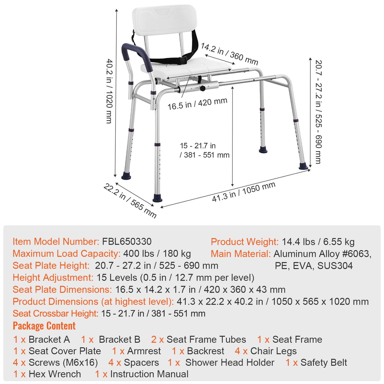 Sliding Tub Transfer Bench Shower Chair & Cut-Out Seat Reversible Backrest_voghion.com